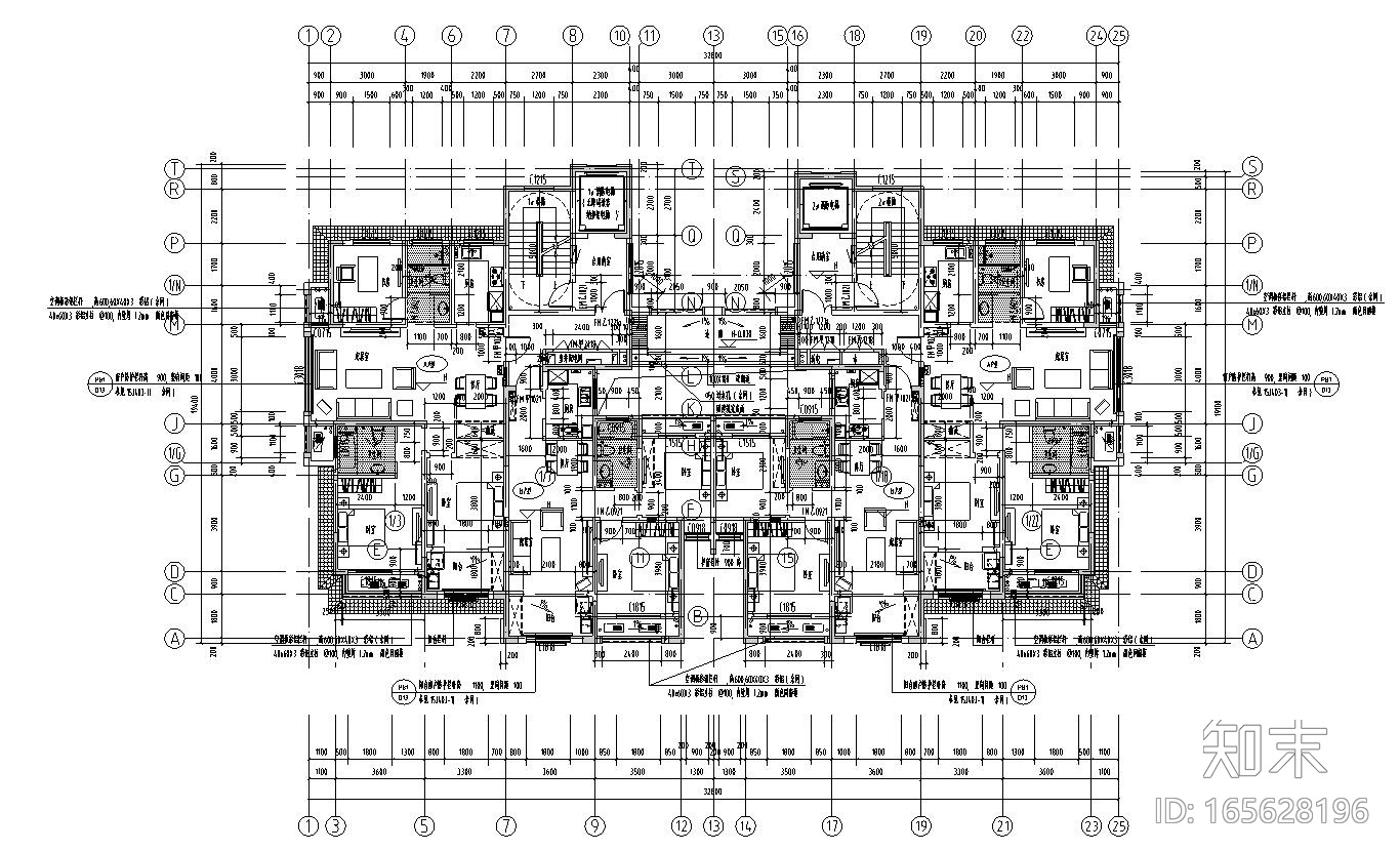 两梯四户三房两厅两卫施工图下载【ID:165628196】