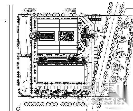 某办公楼前景观规划cad施工图下载【ID:166792167】