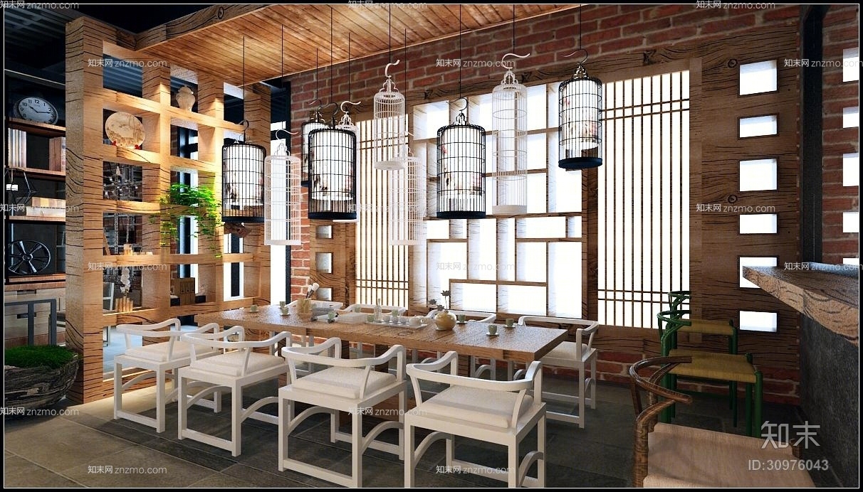 新中式白色木艺餐桌椅组合3D模型下载【ID:30976043】
