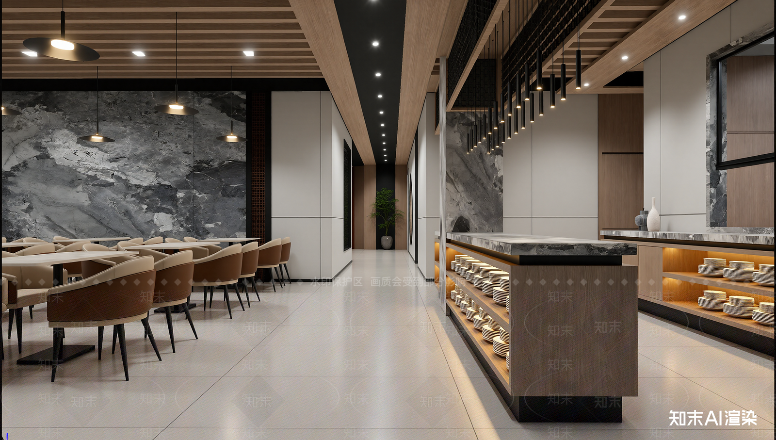 新中式酒店餐厅3D模型渲染效果图
