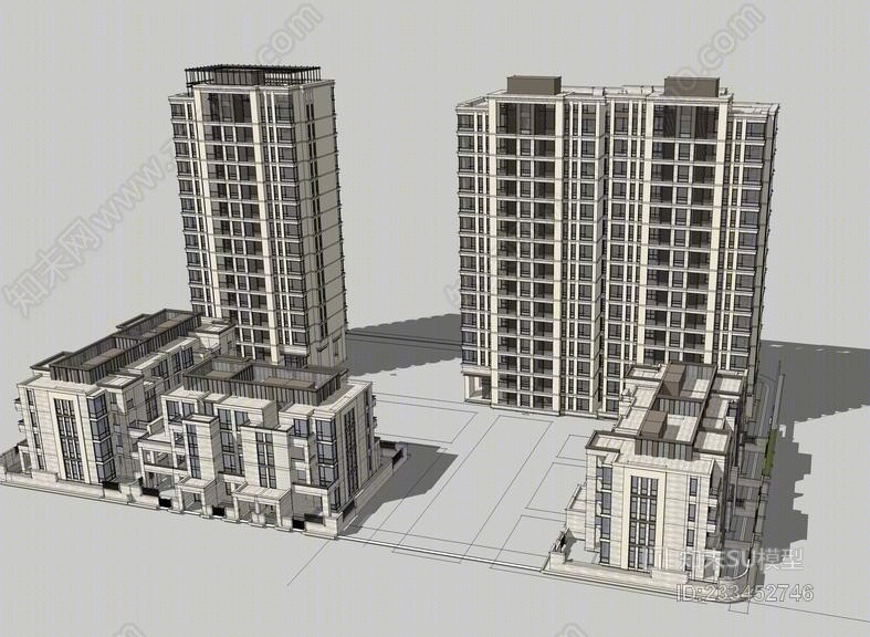 现代高层住宅+洋房SU模型下载【ID:233452746】