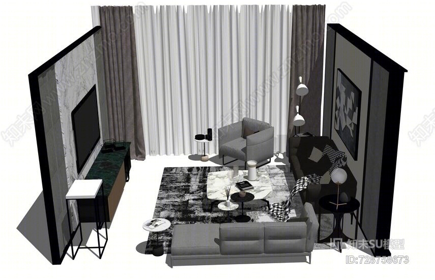 现代客厅沙发茶几电视柜窗帘组合SU模型下载【ID:728758673】