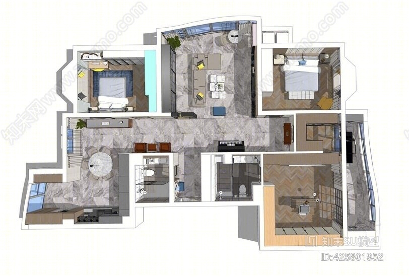 现代风格三房两厅室内设计SU模型下载【ID:425801952】
