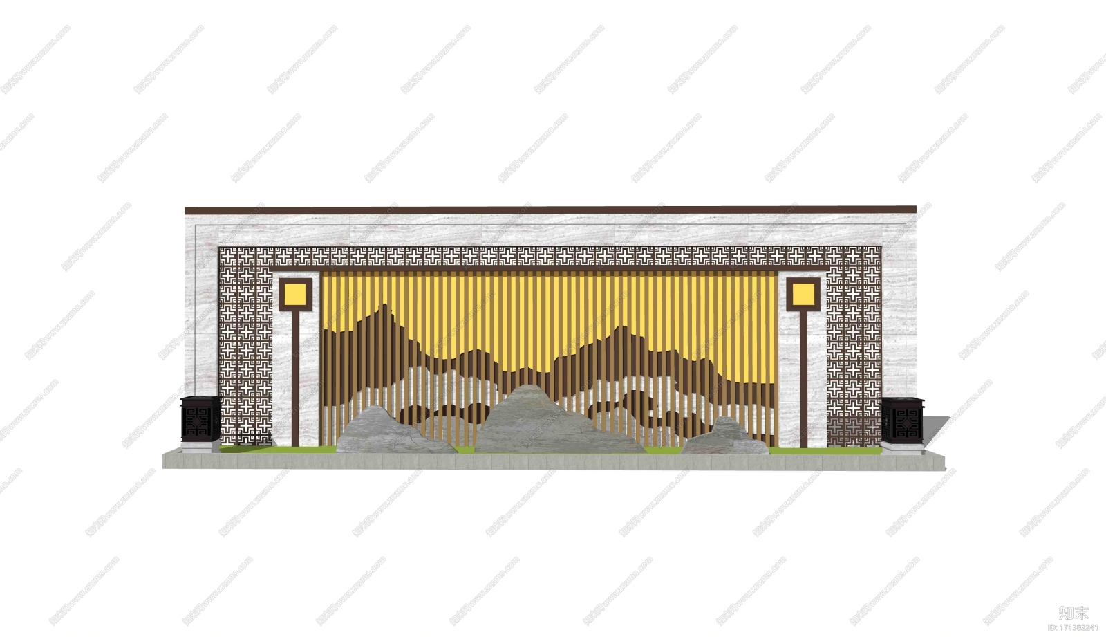 新中式山水景墙SU模型下载【ID:171382241】