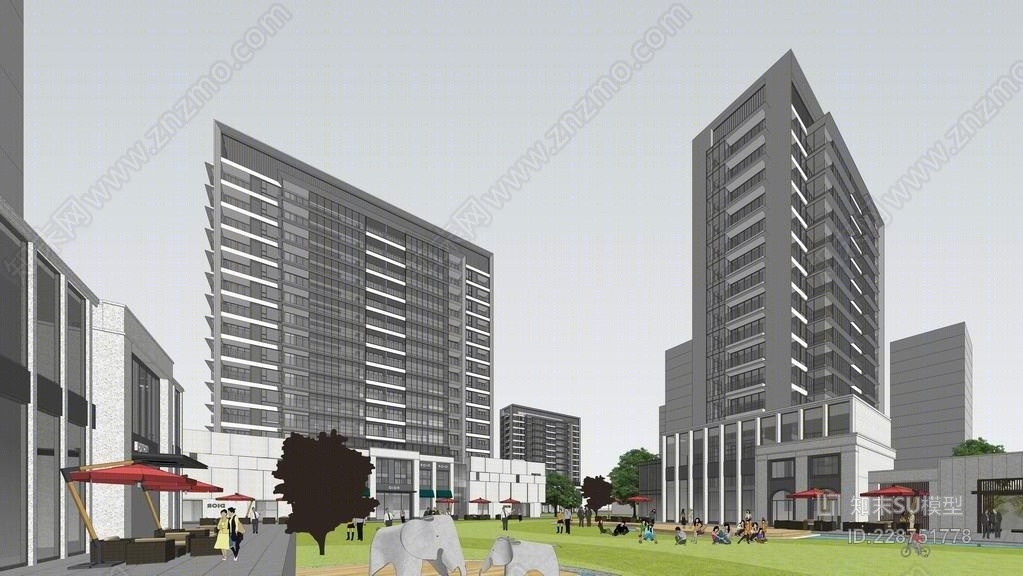 现代高层住宅+沿街商业SU模型下载【ID:228751778】