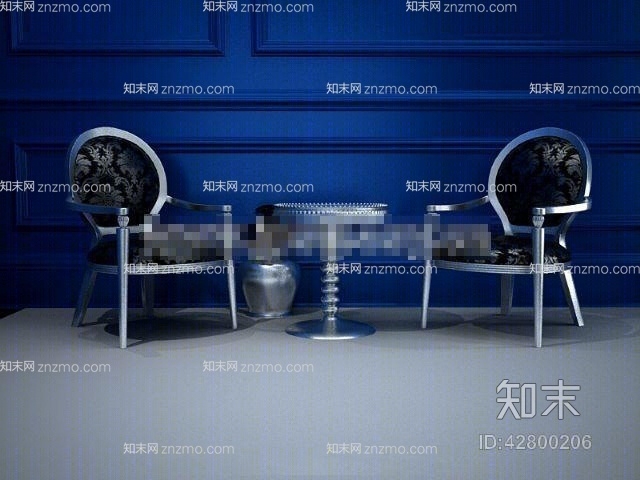 欧式新古典棕色布艺椅子茶几组合3D模型下载【ID:42800206】
