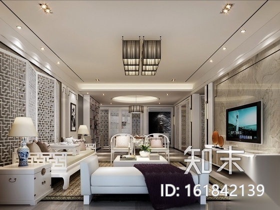 [汕头]新中式三居室样板间装修图（含效果）cad施工图下载【ID:161842139】