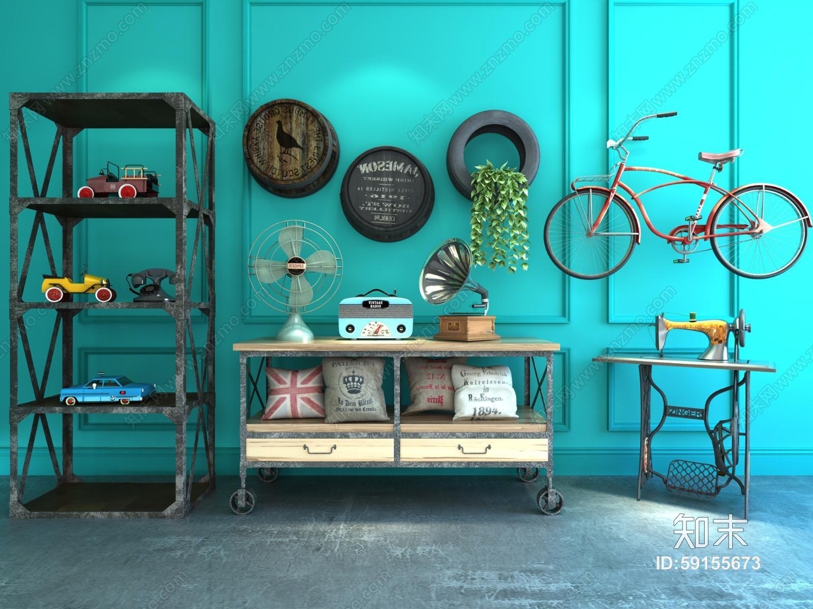 欧式简约玩具架子单车风扇裁缝机组合3D模型下载【ID:59155673】