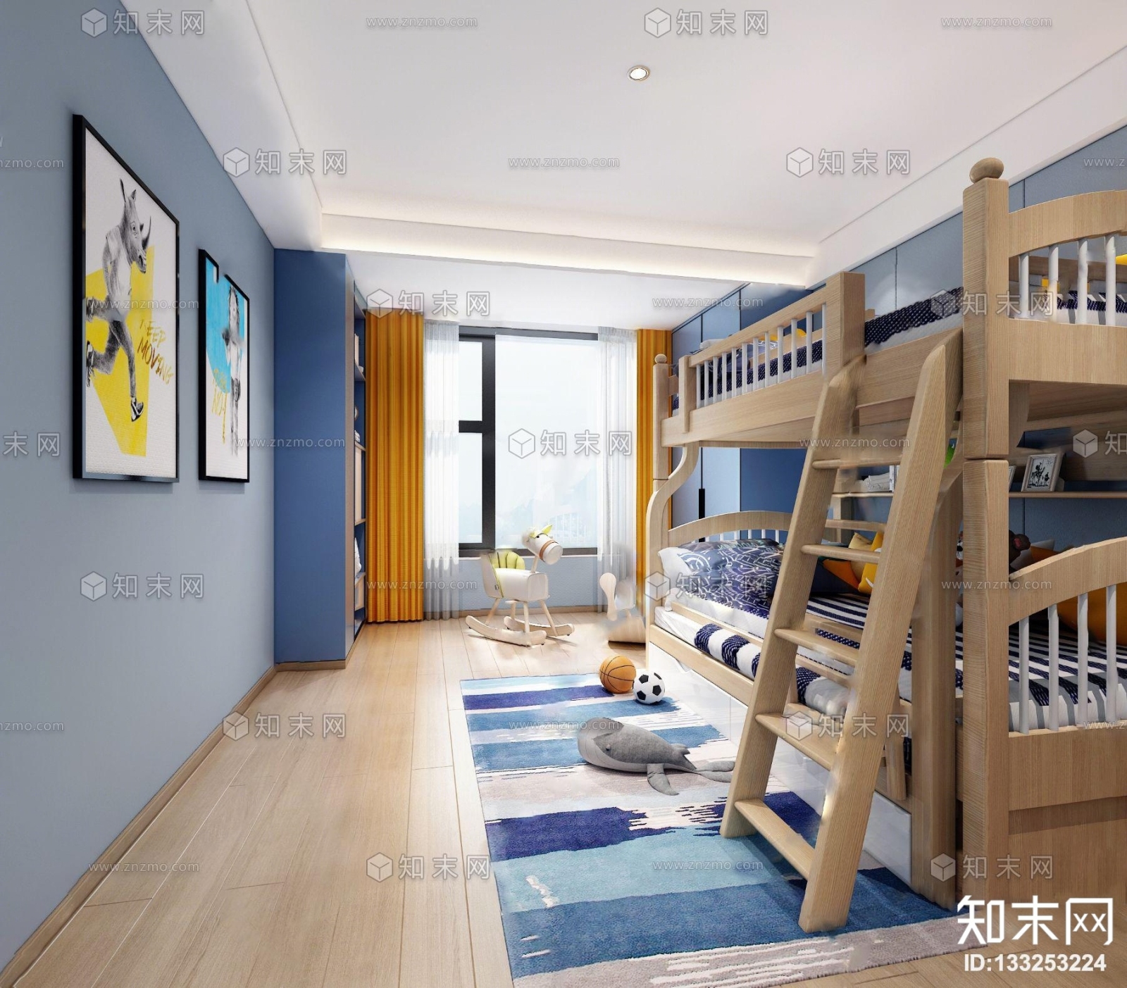 地中海儿童房上下铺3D模型下载【ID:133253224】