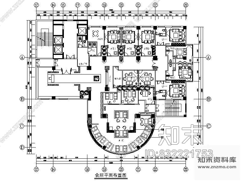 某休闲会所平面布置图cad施工图下载【ID:832221753】