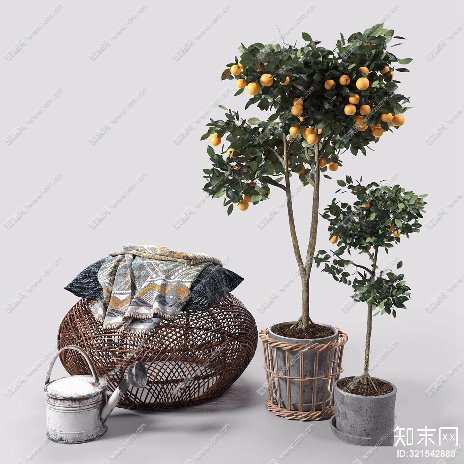 现代植物绿植水壶橘子树藤编组合3D模型下载【ID:321542889】