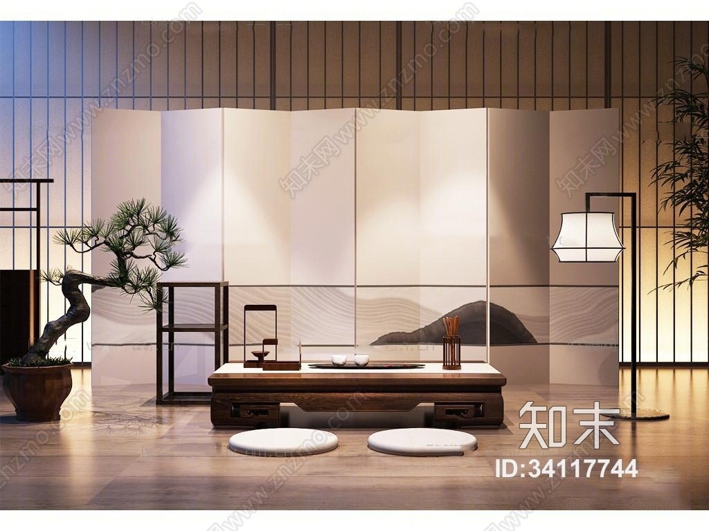 新中式茶室屏风茶几松树植物3D模型下载【ID:34117744】