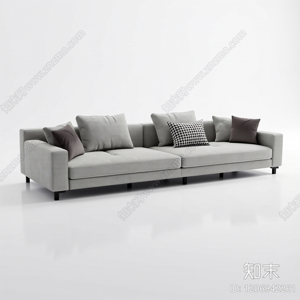 灰白布艺沙发带抱枕3D模型下载【ID:1206942261】