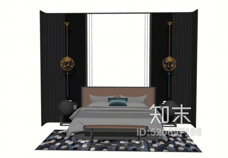新中式双人床SU模型下载【ID:520697186】