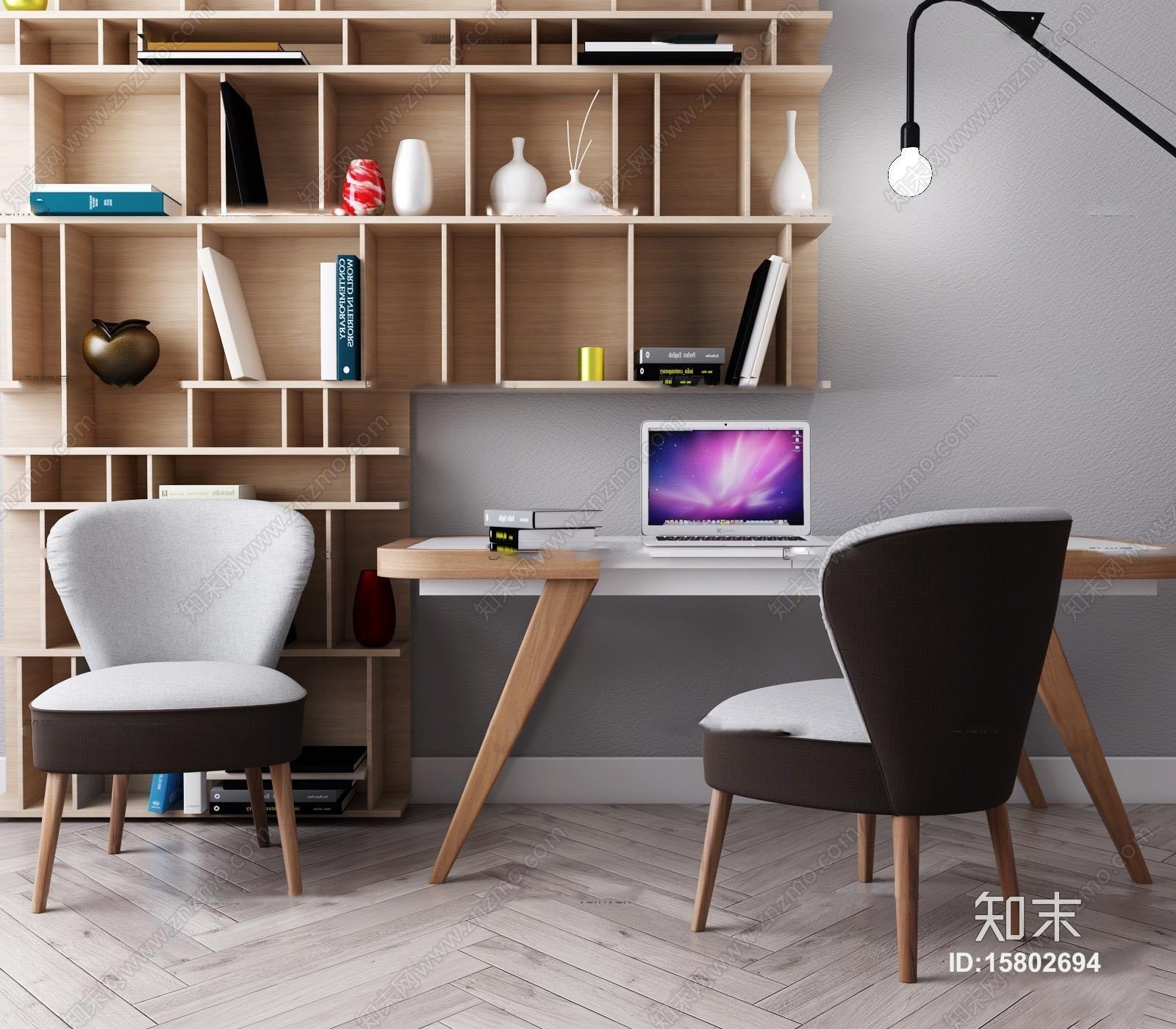 现代书桌椅书架组合3D模型下载【ID:15802694】