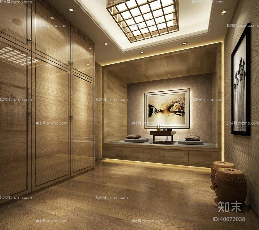 新中式原木色圆柱形木艺凳子3D模型下载【ID:40673038】