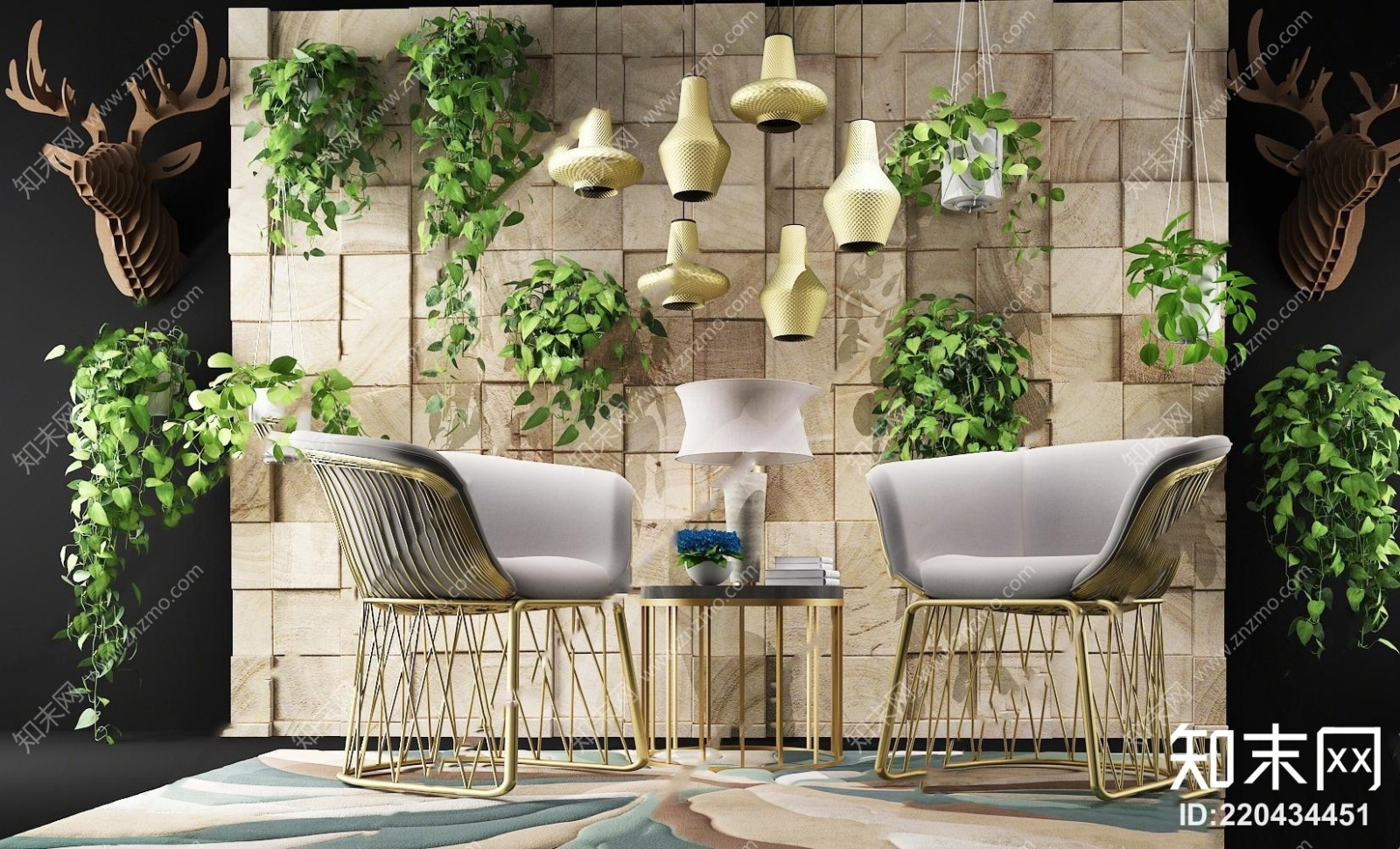 北欧单椅圆几吊篮吊灯组合3D模型下载【ID:220434451】