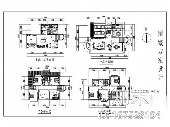 某三层独栋别墅户型图（688平方米）cad施工图下载【ID:167528194】