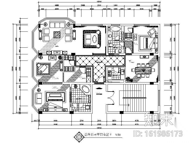 某酒店三室二厅总统套房装修图cad施工图下载【ID:161986173】