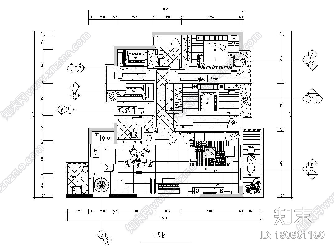 260㎡欧式风格三居室住宅装修施工图设计cad施工图下载【ID:180361160】