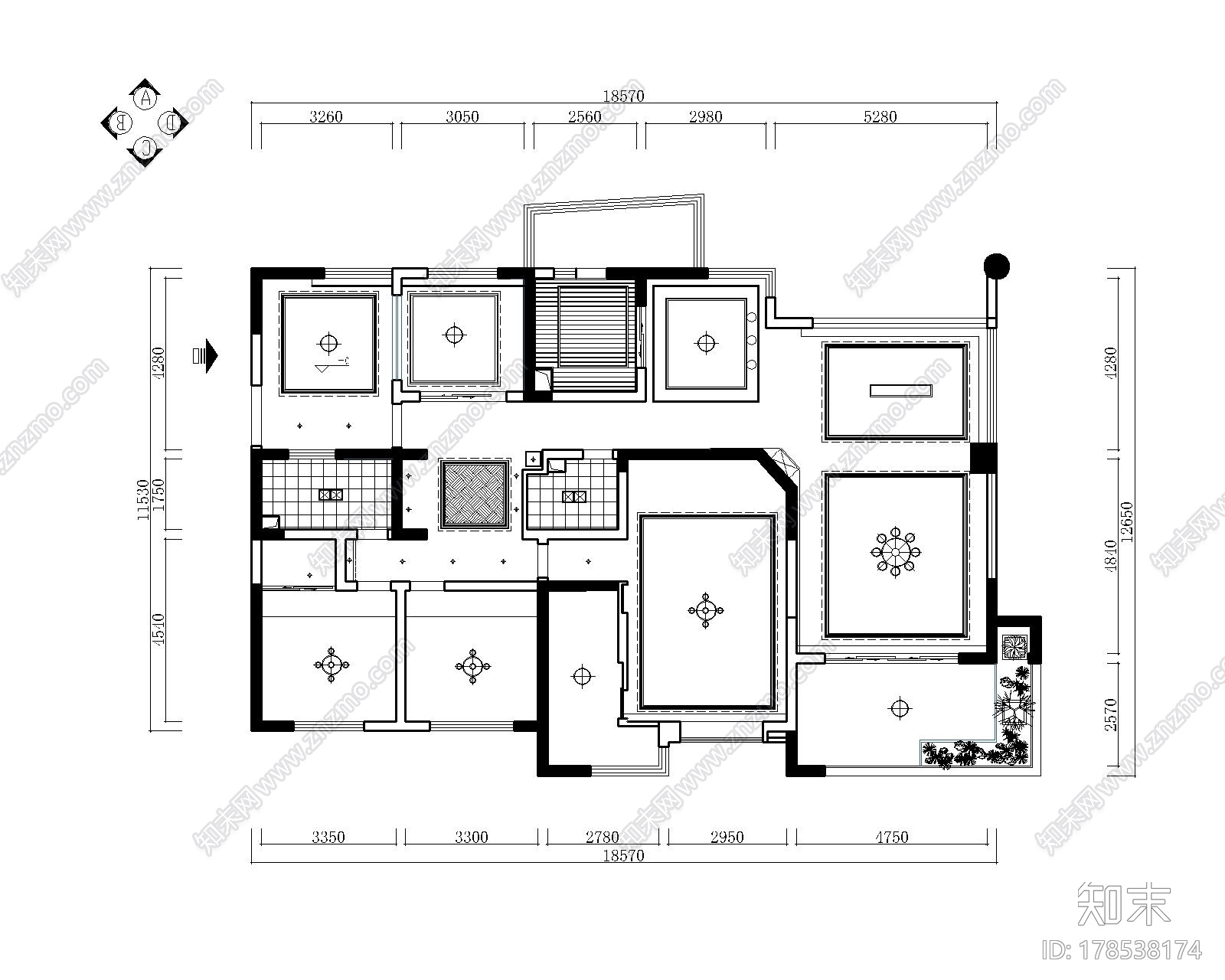 [成都]220㎡典雅中式风情五居室CAD装修施工图施工图下载【ID:178538174】