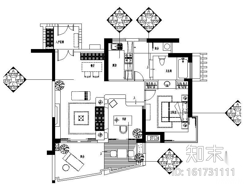 [三亚]某三居室样板间B1户型施工图（含效果）cad施工图下载【ID:161731111】