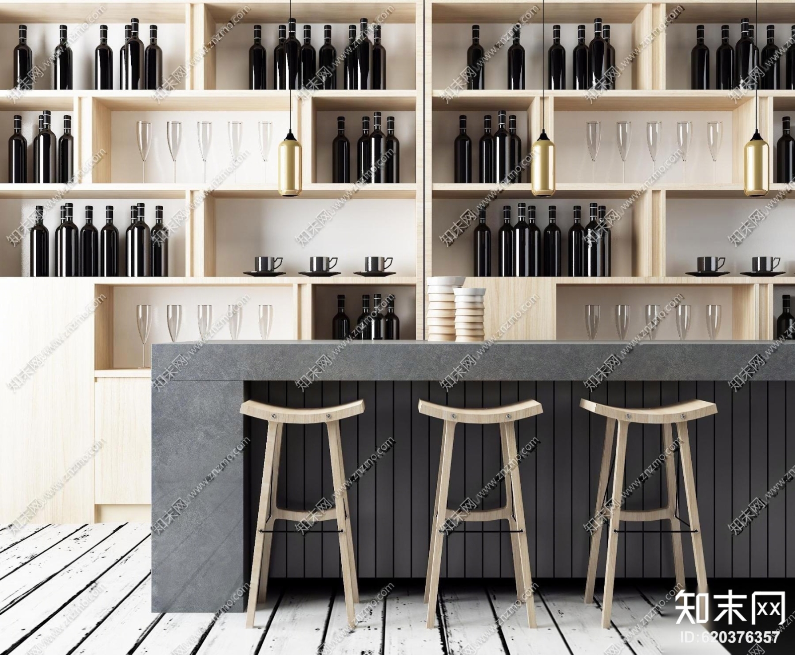 现代吧椅吧台酒柜组合3D模型下载【ID:620376357】