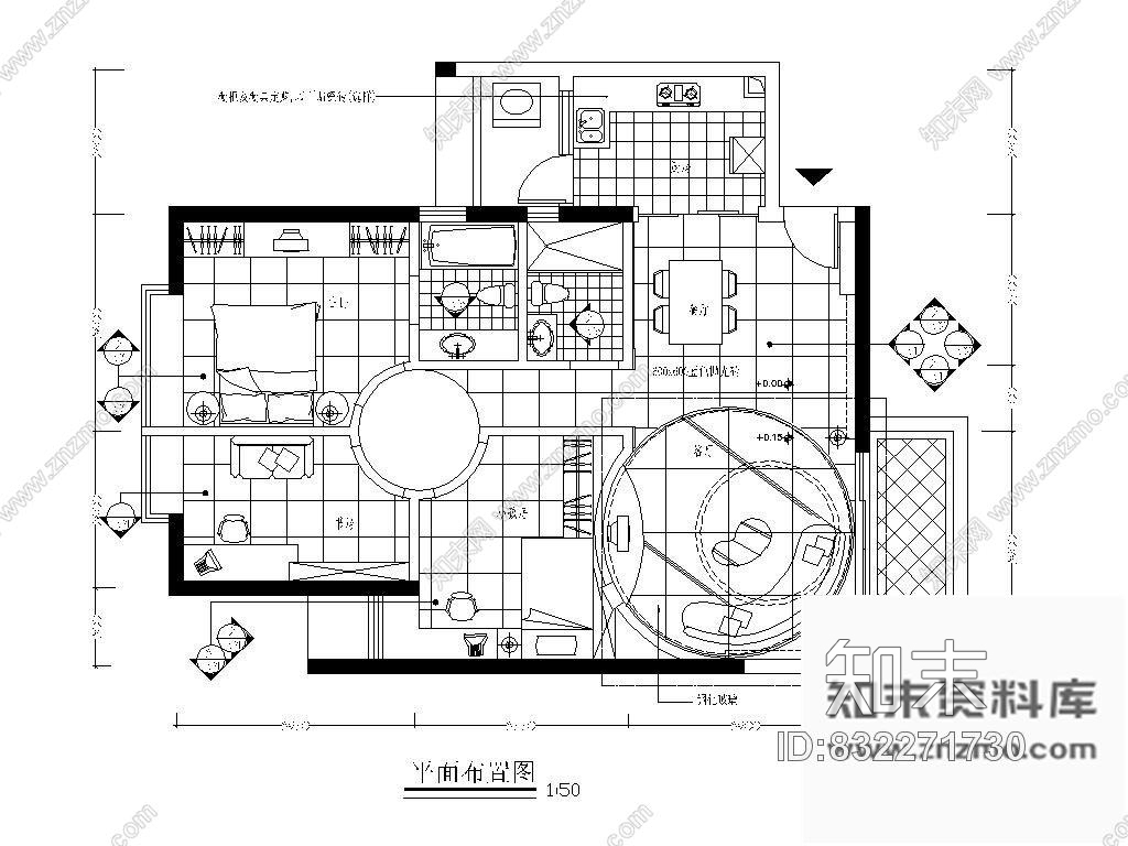 图块/节点个性三居户型平面图cad施工图下载【ID:832271730】