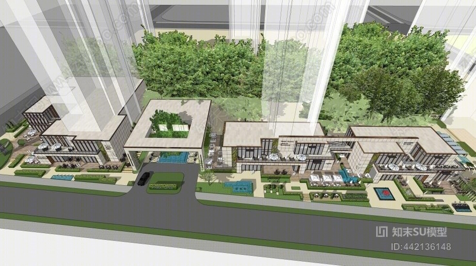 现代沿街商业+入口大门SU模型下载【ID:442136148】