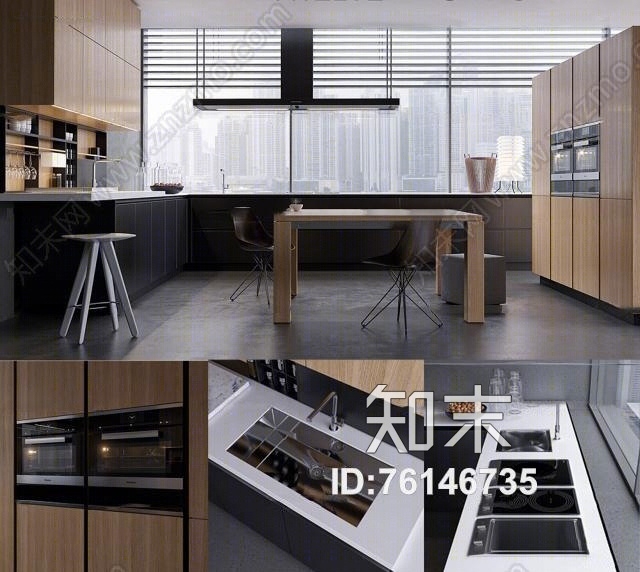 现代敞开式厨房餐桌椅组合3D模型下载【ID:76146735】