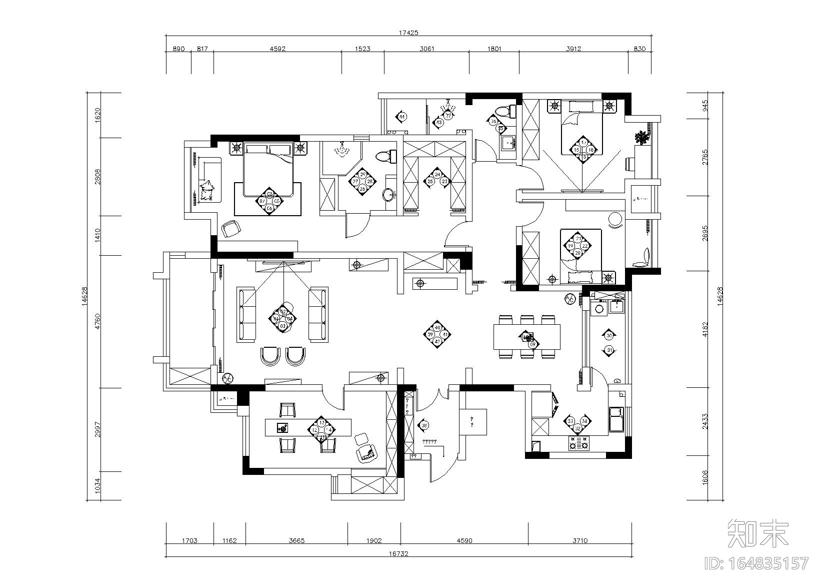 依山郡法式风格三居室样板间施工图+效果图cad施工图下载【ID:164835157】