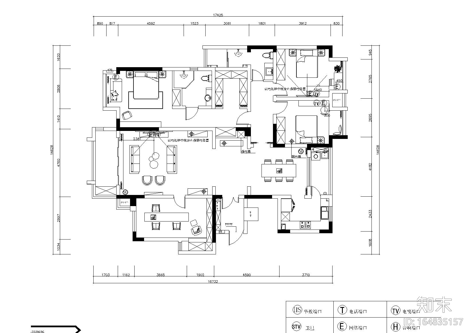 依山郡法式风格三居室样板间施工图+效果图cad施工图下载【ID:164835157】