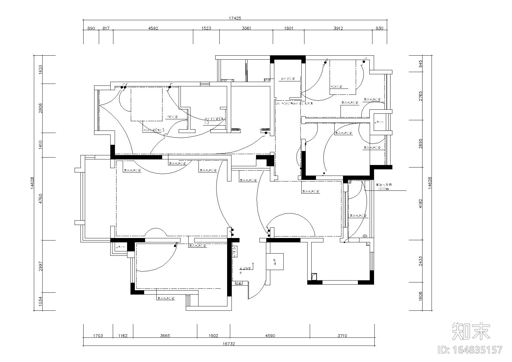 依山郡法式风格三居室样板间施工图+效果图cad施工图下载【ID:164835157】