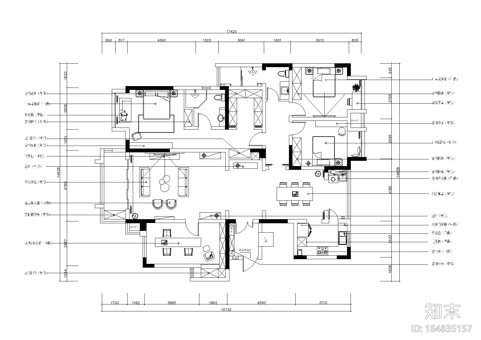 依山郡法式风格三居室样板间施工图+效果图cad施工图下载【ID:164835157】