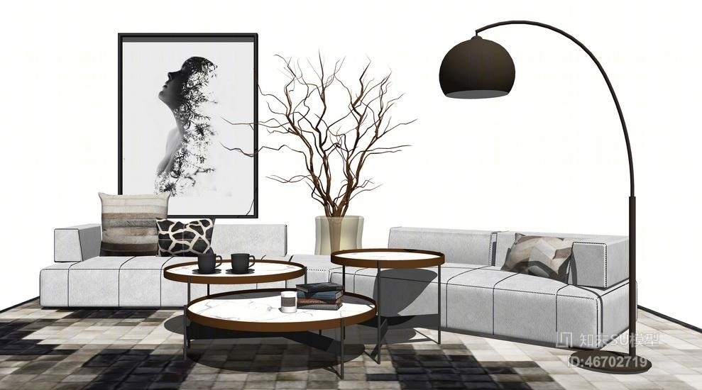 现代风格别墅客厅沙发茶几落地灯组合SU模型下载【ID:46702719】