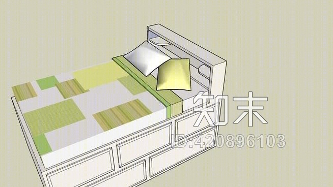 双人床配绿黄相间被子SU模型下载【ID:420896103】