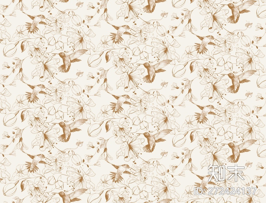 暖色描边花鸟墙纸贴图下载【ID:272424137】
