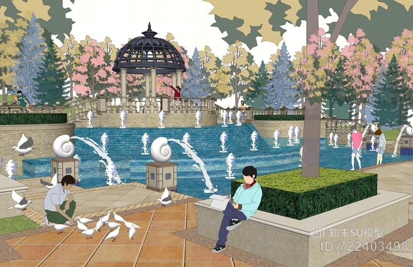 欧式水池景观SU模型下载【ID:722403498】
