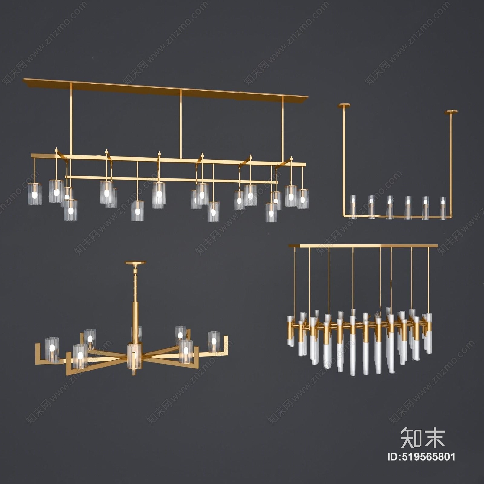 现代金属玻璃吊灯组合3D模型下载【ID:519565801】