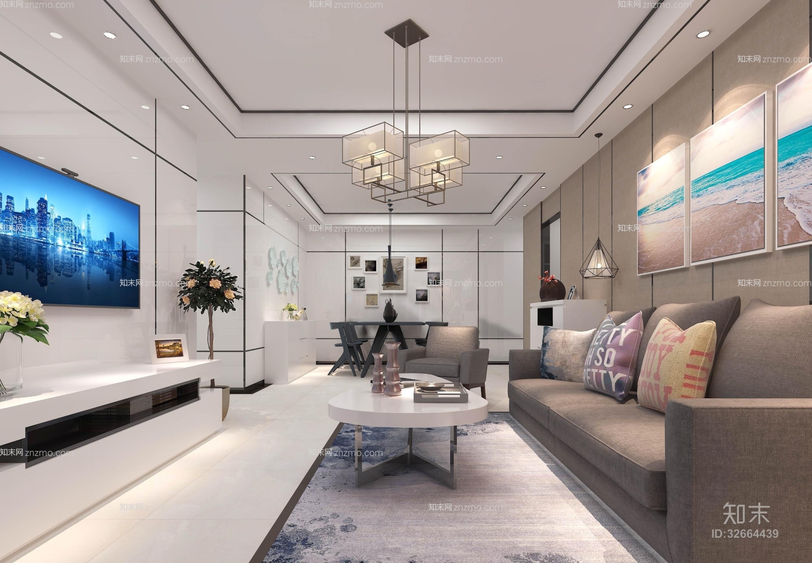 现代白色沙发茶几组合3D模型下载【ID:32664439】