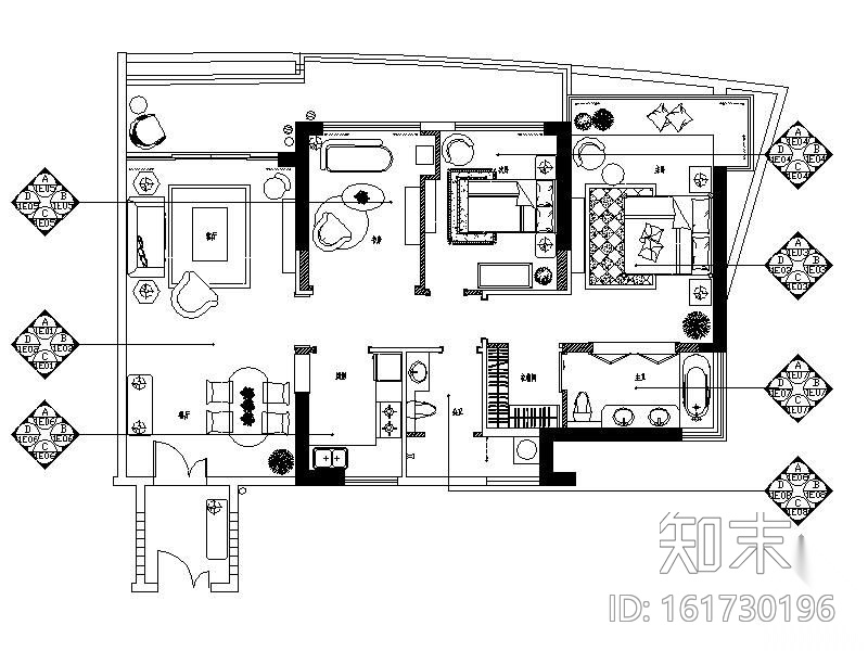 [三亚]某三居室样板间C1户型施工图（含效果）cad施工图下载【ID:161730196】