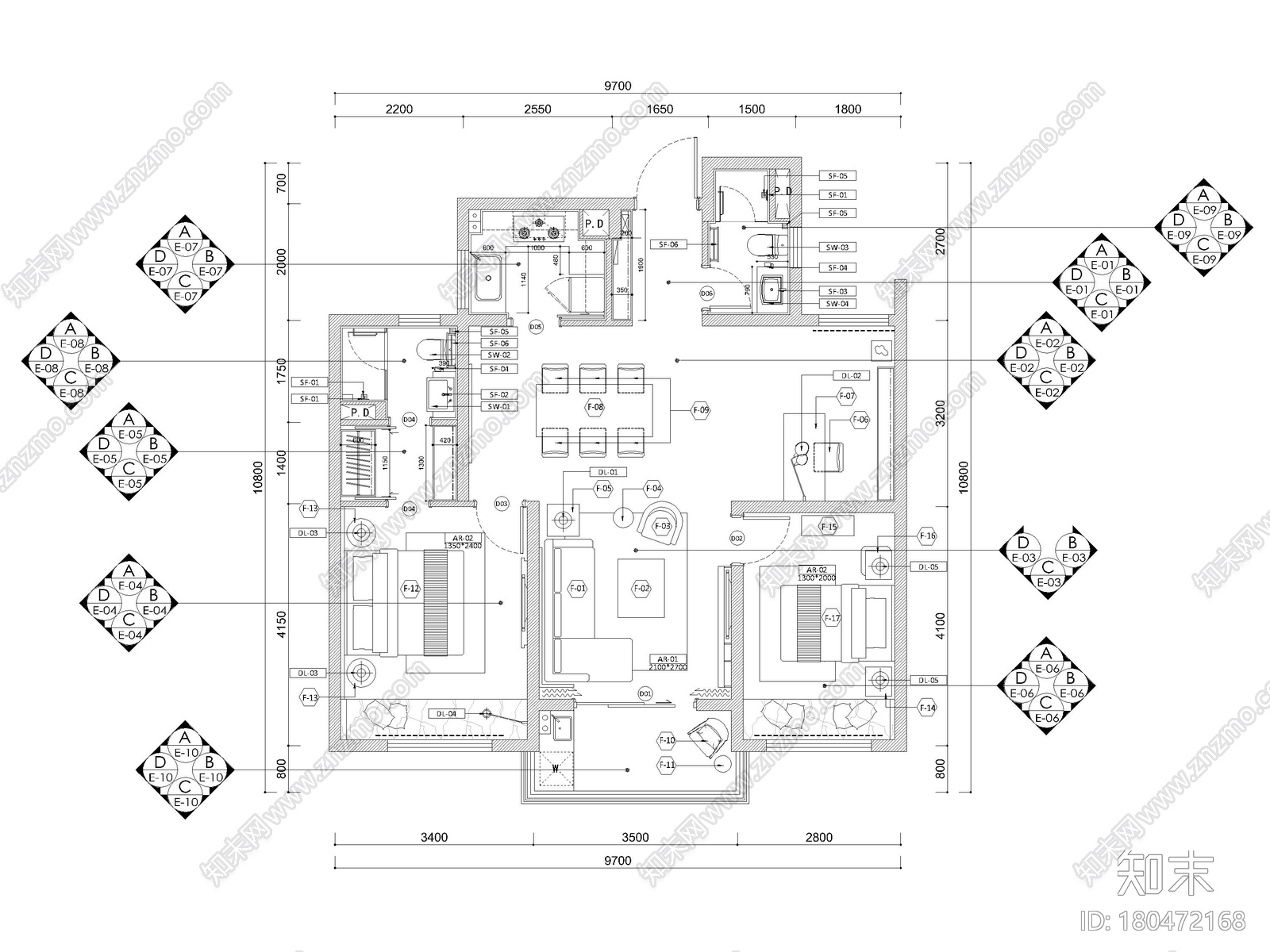 [杭州]路劲88㎡二居室家装样板房装修施工图cad施工图下载【ID:180472168】