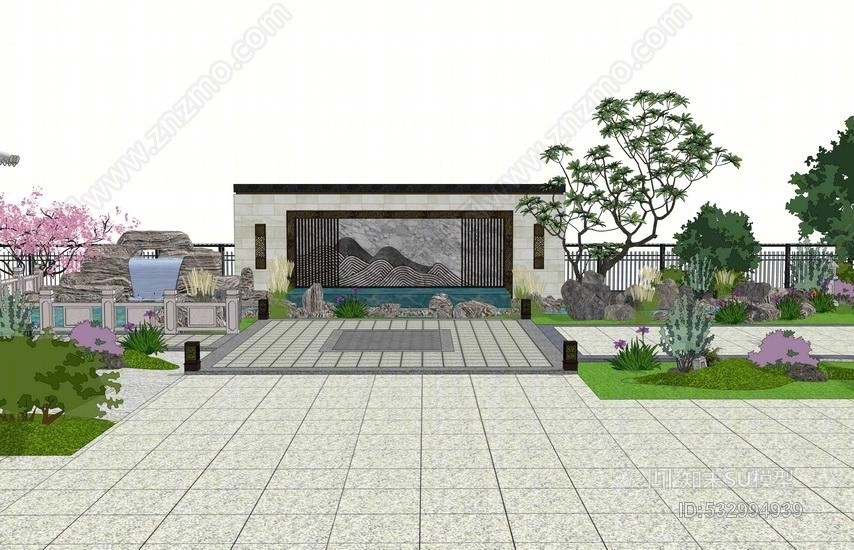 新中式庭院景观SU模型下载【ID:532994939】