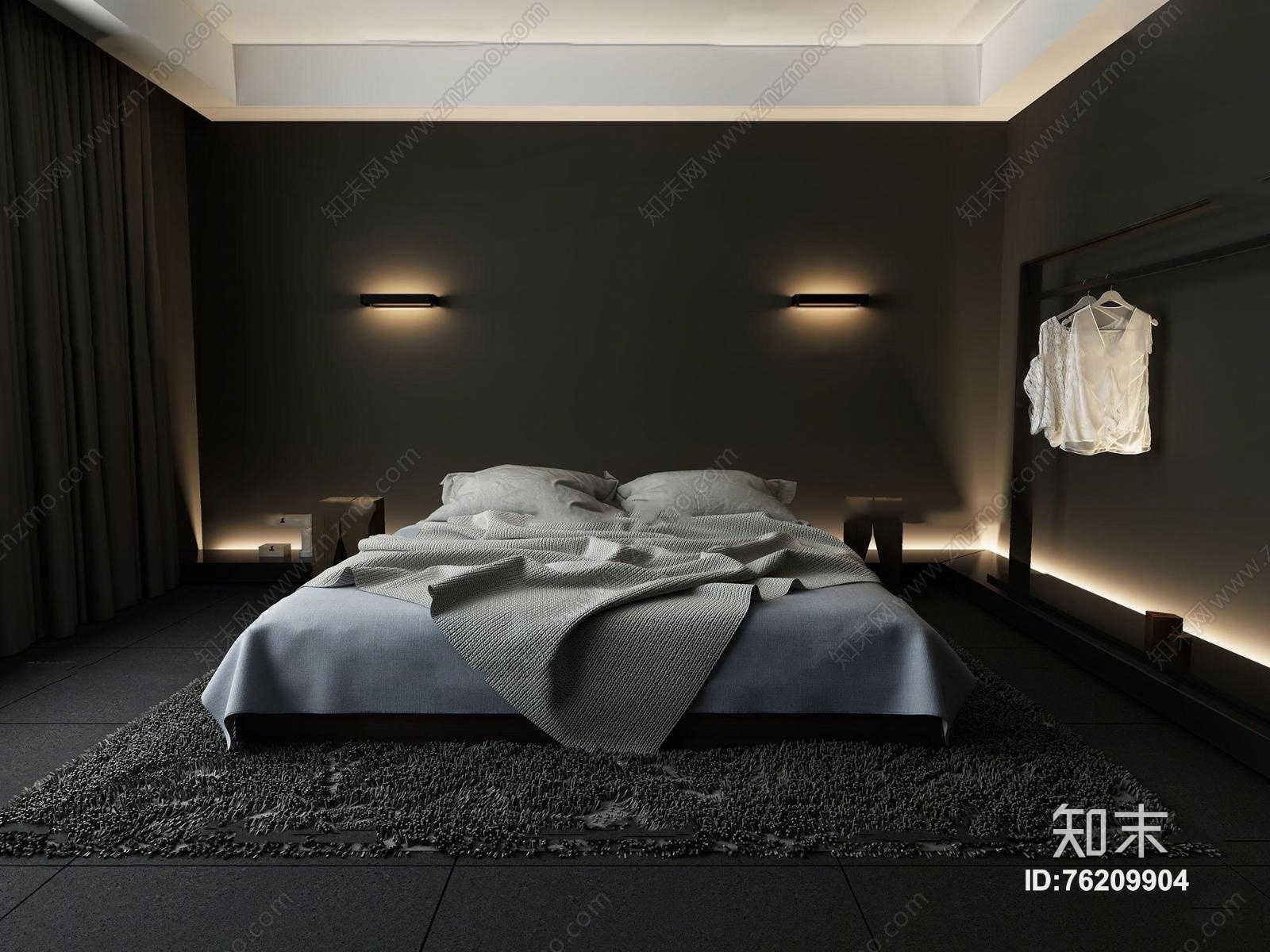 现代双人床边几服饰组合3D模型下载【ID:76209904】
