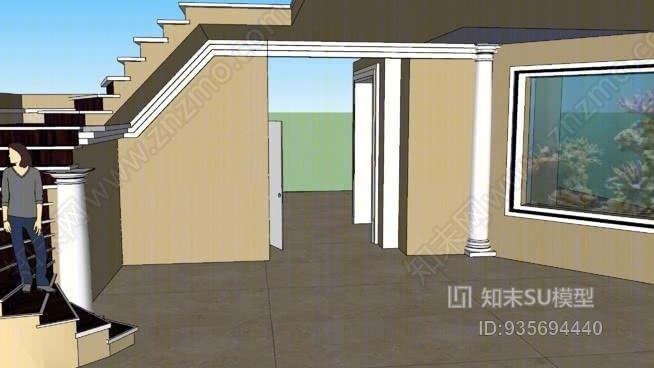 带楼梯和水族馆的入口门厅SU模型下载【ID:935694440】