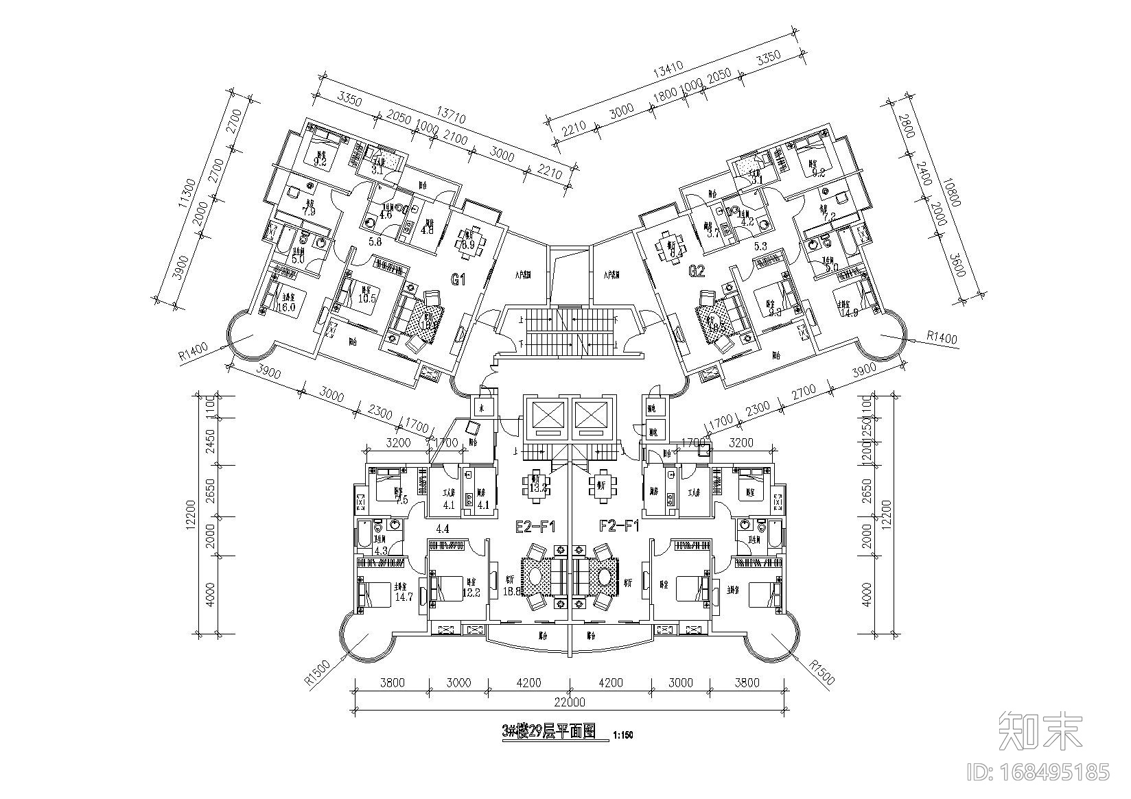 某小区塔式高层三室两厅户型平面图施工图下载【ID:168495185】