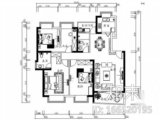 三居室时尚家装设计图cad施工图下载【ID:166520195】