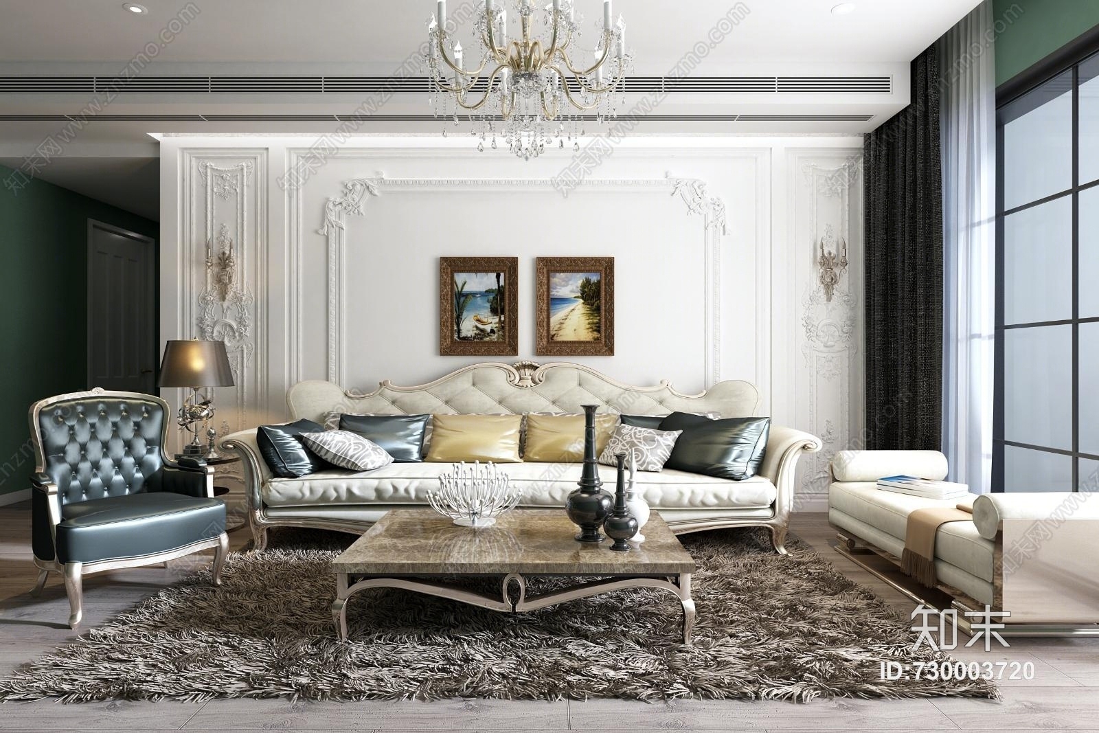 欧式沙发茶几吊灯装饰画组合3D模型下载【ID:730003720】
