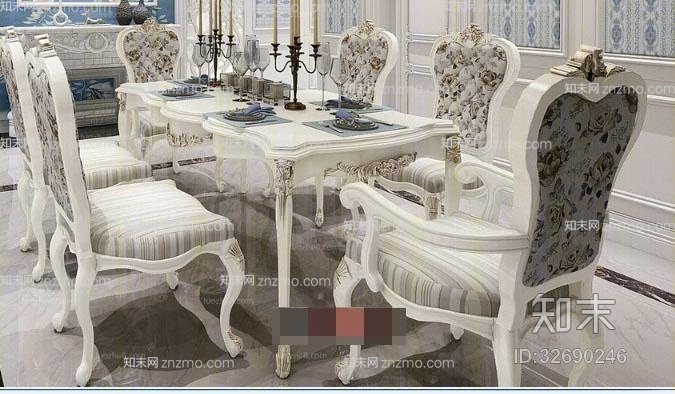 美式简约白色木艺餐桌椅组合3D模型下载【ID:32690246】