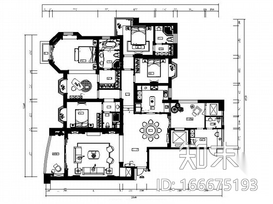 精品名城豪宅简欧风格五居室样板间CAD装修施工图（含效...cad施工图下载【ID:166675193】